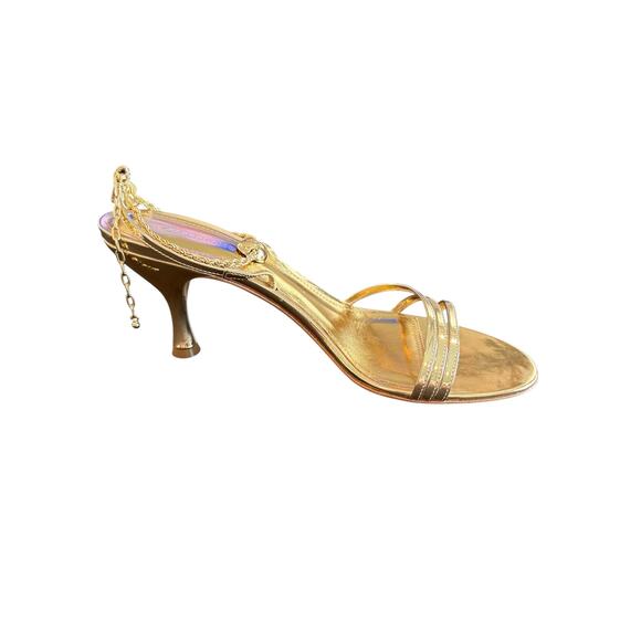 Ferragamo Denise Sandals Heel Chain Ankle Strap 70mm Metallic Gold Party Sz 7 - Picture 8 of 14